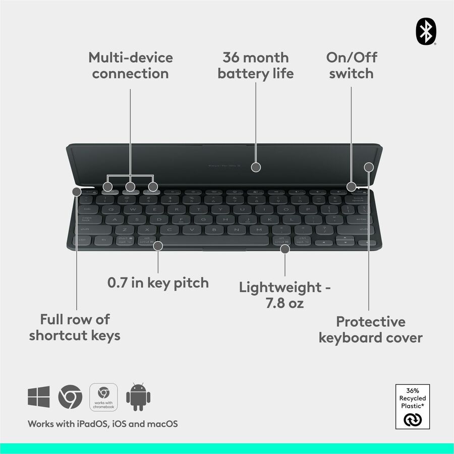 Alternate-Image5 Image for Logitech Keys-To-Go 2 Portable Bluetooth Keyboard for Tablet With Built-in Cover, Slim and Compact Wireless Keyboard for Windows, Android, Linux, iPad, iPhone, Mac, Apple TV (Graphite)