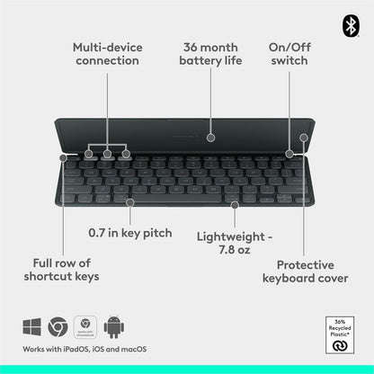 Alternate-Image5 Image for Logitech Keys-To-Go 2 Portable Bluetooth Keyboard for Tablet With Built-in Cover, Slim and Compact Wireless Keyboard for Windows, Android, Linux, iPad, iPhone, Mac, Apple TV (Graphite)