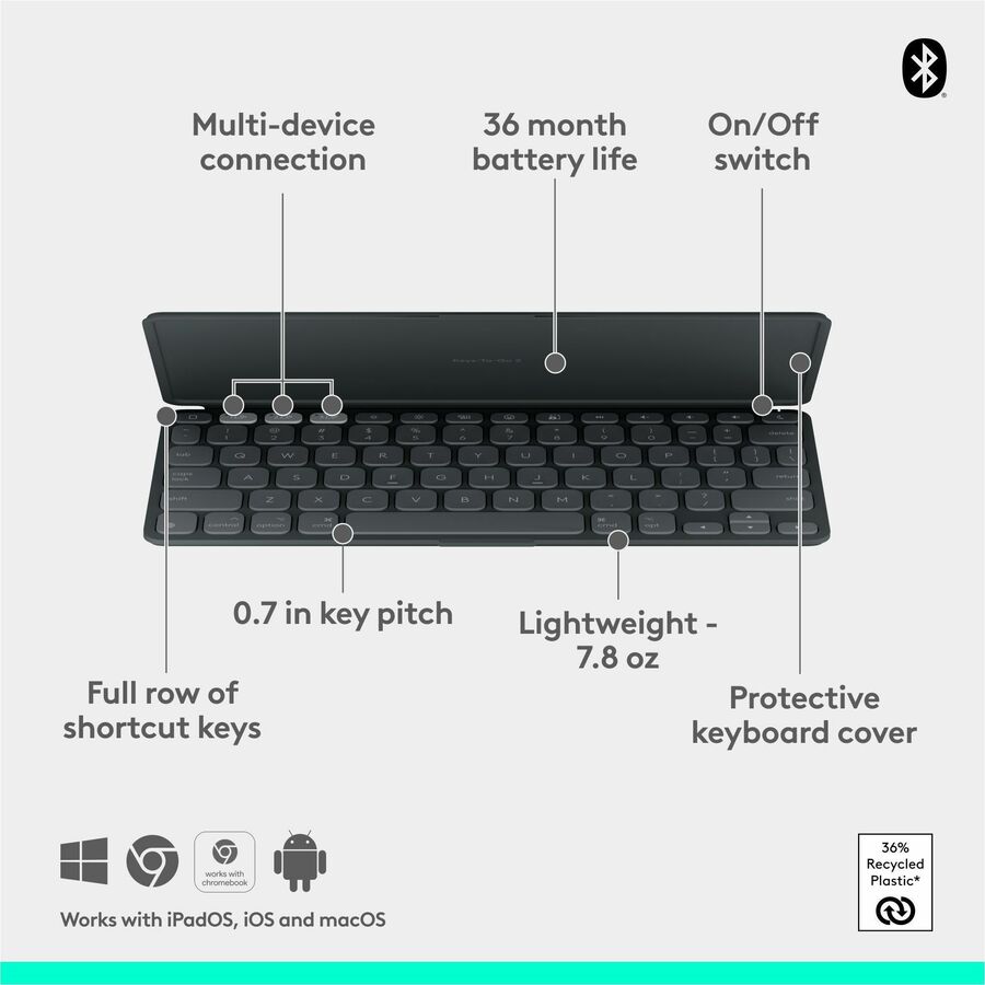 Alternate-Image5 Image for Logitech Keys-To-Go 2 Portable Wireless iPad Keyboard With Built-in Cover, Slim and Compact Wireless Keyboard for iPad, iPhone, Mac, and Apple TV, Easily Switch Between Devices (Graphite)
