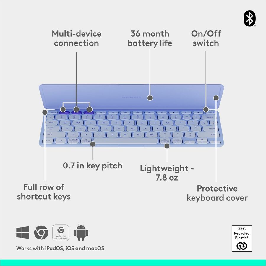 Alternate-Image5 Image for Logitech Keys-To-Go 2 Portable Bluetooth Keyboard for Tablet With Built-in Cover, Slim and Compact Wireless Keyboard for Windows, Android, Linux, iPad, iPhone, Mac, Apple TV (Lilac)