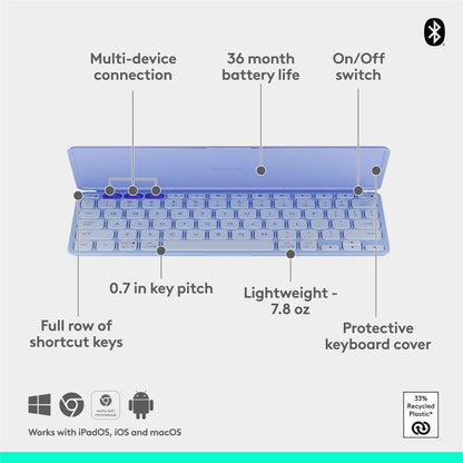 Alternate-Image5 Image for Logitech Keys-To-Go 2 Portable Bluetooth Keyboard for Tablet With Built-in Cover, Slim and Compact Wireless Keyboard for Windows, Android, Linux, iPad, iPhone, Mac, Apple TV (Lilac)