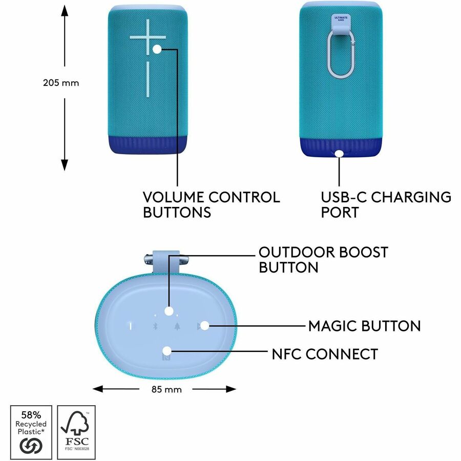 Alternate-Image5 Image for ULTIMATE EARS EVERBOOM Wireless Bluetooth Portable Speaker, Big Bass and Immersive 360-Degree Sound, Floatable Waterproof Speaker IP67, up to 20-Hour Battery and 180 ft (55 m) Range, Blue