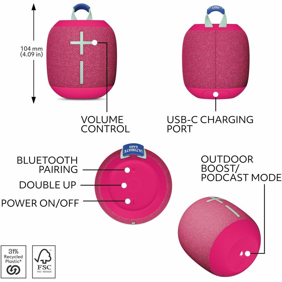 Alternate-Image4 Image for Ultimate Ears WONDERBOOM 4 Portable Waterproof Bluetooth Speaker With Big Bass and 360-Degree Sound, Dustproof Floating Speaker With 131ft (40m) Range, Pink