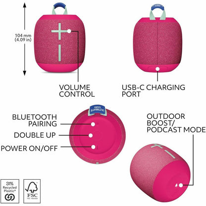 Alternate-Image4 Image for Ultimate Ears WONDERBOOM 4 Portable Waterproof Bluetooth Speaker With Big Bass and 360-Degree Sound, Dustproof Floating Speaker With 131ft (40m) Range, Pink