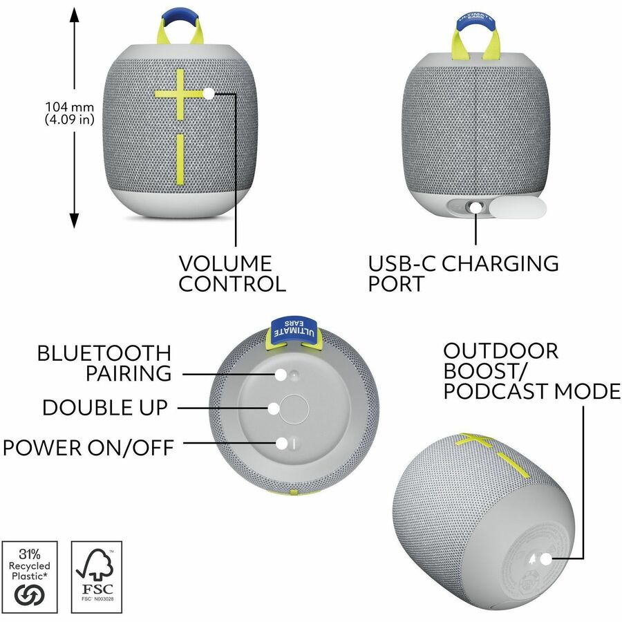Alternate-Image4 Image for Ultimate Ears WONDERBOOM 4 Portable Waterproof Bluetooth Speaker With Big Bass and 360-Degree Sound, Dustproof Floating Speaker With 131ft (40m) Range, Gray
