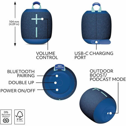 Alternate-Image4 Image for Ultimate Ears WONDERBOOM 4 Portable Waterproof Bluetooth Speaker With Big Bass and 360-Degree Sound, Dustproof Floating Speaker With 131ft (40m) Range, Blue