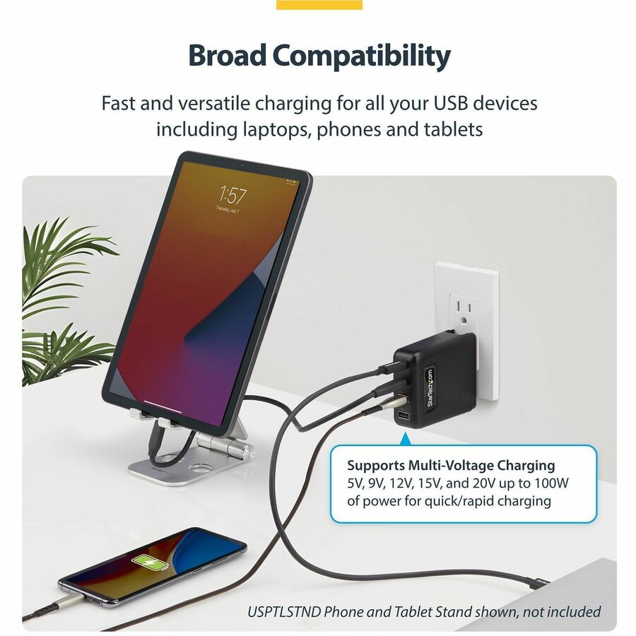 Alternate-Image6 Image for StarTech 100W USB-C Wall Charger, 2x USB-C, 2x USB-A, Quick Charging Portable GaN Power Adapter, PD 3.0, 6ft/1.8m USB-C to USB-C Cable