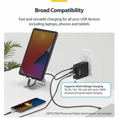 Alternate-Image6 Image for StarTech 100W USB-C Wall Charger, 2x USB-C, 2x USB-A, Quick Charging Portable GaN Power Adapter, PD 3.0, 6ft/1.8m USB-C to USB-C Cable