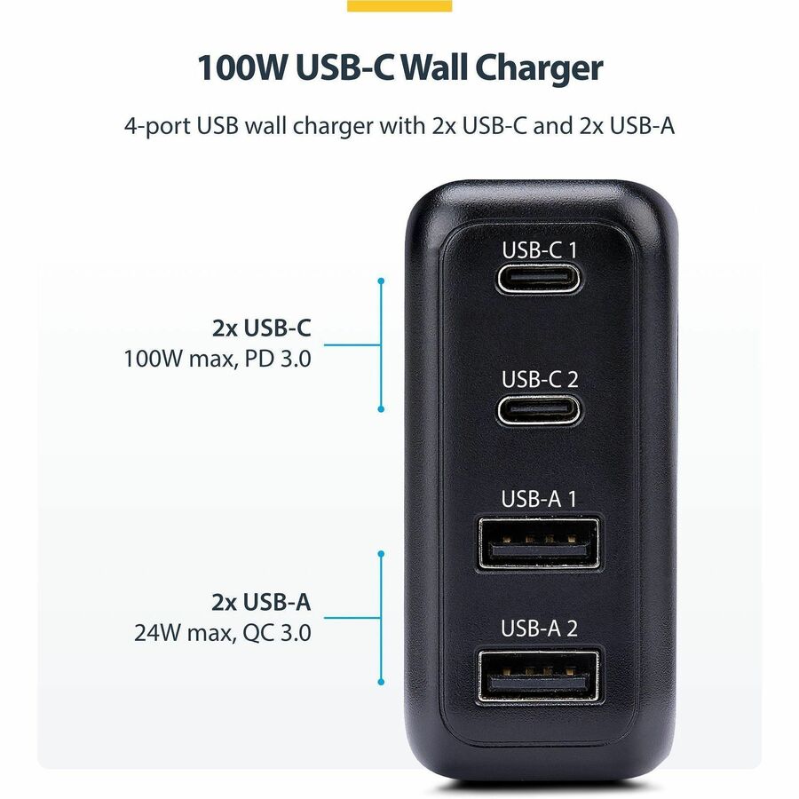 Alternate-Image1 Image for StarTech 100W USB-C Wall Charger, 2x USB-C, 2x USB-A, Quick Charging Portable GaN Power Adapter, PD 3.0, 6ft/1.8m USB-C to USB-C Cable