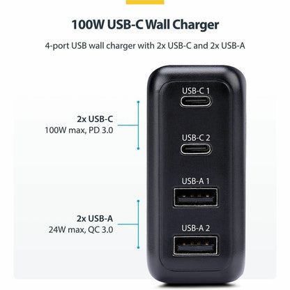 Alternate-Image1 Image for StarTech 100W USB-C Wall Charger, 2x USB-C, 2x USB-A, Quick Charging Portable GaN Power Adapter, PD 3.0, 6ft/1.8m USB-C to USB-C Cable