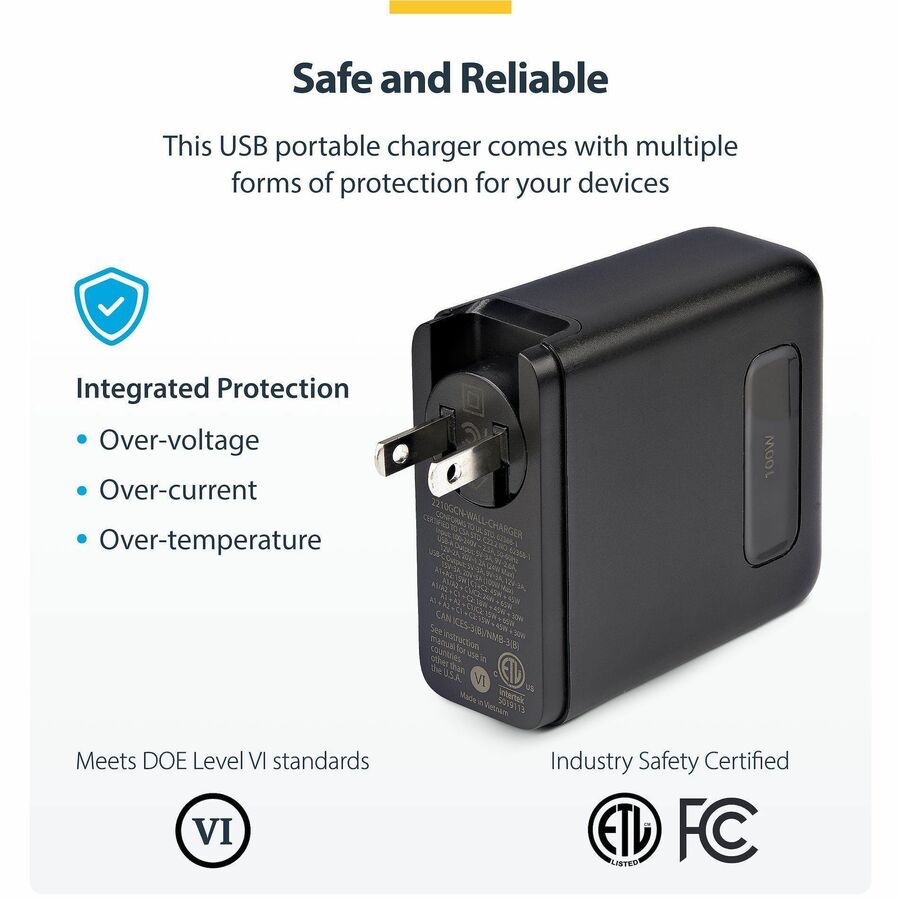Alternate-Image8 Image for StarTech 100W USB-C Wall Charger, 2x USB-C, 2x USB-A, Quick Charging Portable GaN Power Adapter, PD 3.0, 6ft/1.8m USB-C to USB-C Cable