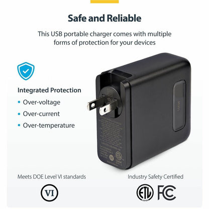 Alternate-Image8 Image for StarTech 100W USB-C Wall Charger, 2x USB-C, 2x USB-A, Quick Charging Portable GaN Power Adapter, PD 3.0, 6ft/1.8m USB-C to USB-C Cable