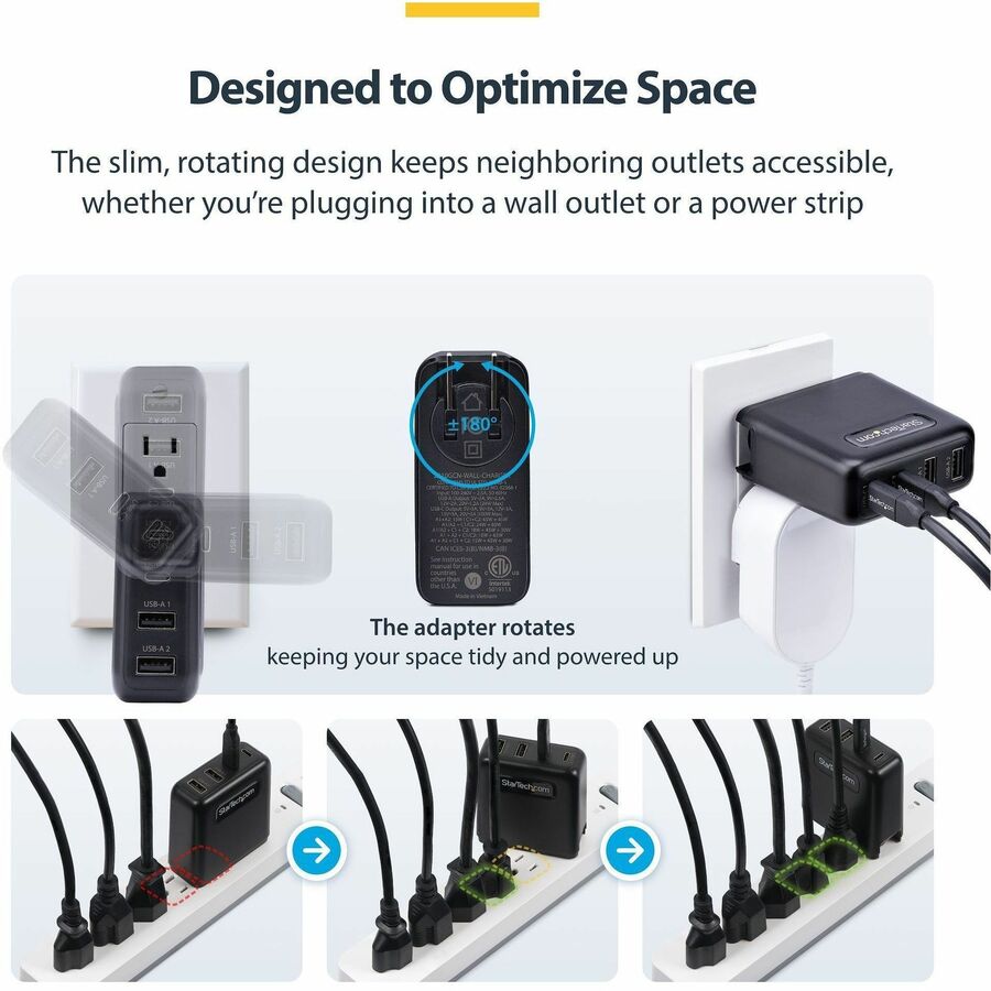 Alternate-Image4 Image for StarTech 100W USB-C Wall Charger, 2x USB-C, 2x USB-A, Quick Charging Portable GaN Power Adapter, PD 3.0, 6ft/1.8m USB-C to USB-C Cable