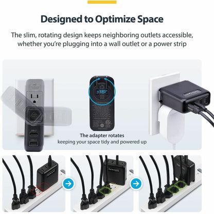 Alternate-Image4 Image for StarTech 100W USB-C Wall Charger, 2x USB-C, 2x USB-A, Quick Charging Portable GaN Power Adapter, PD 3.0, 6ft/1.8m USB-C to USB-C Cable