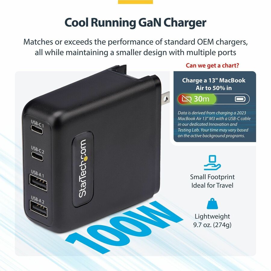 Alternate-Image2 Image for StarTech 100W USB-C Wall Charger, 2x USB-C, 2x USB-A, Quick Charging Portable GaN Power Adapter, PD 3.0, 6ft/1.8m USB-C to USB-C Cable