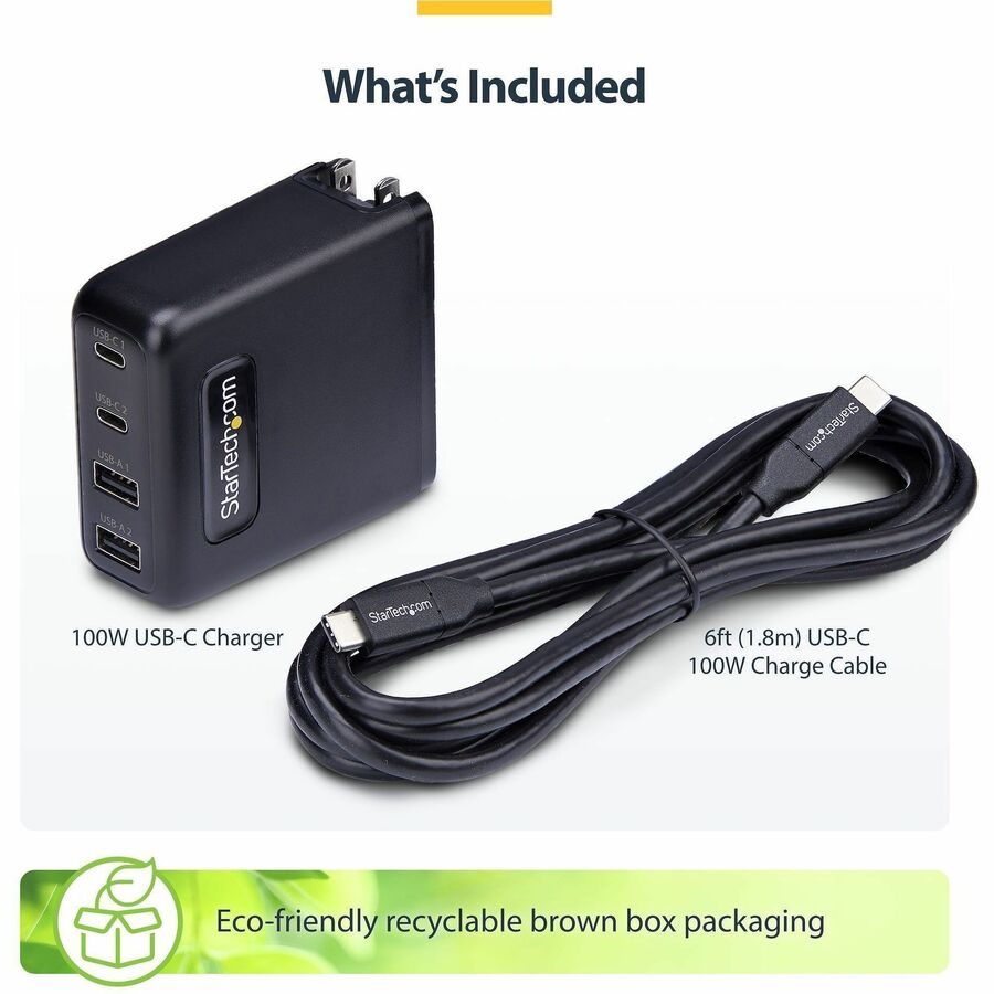Alternate-Image9 Image for StarTech 100W USB-C Wall Charger, 2x USB-C, 2x USB-A, Quick Charging Portable GaN Power Adapter, PD 3.0, 6ft/1.8m USB-C to USB-C Cable