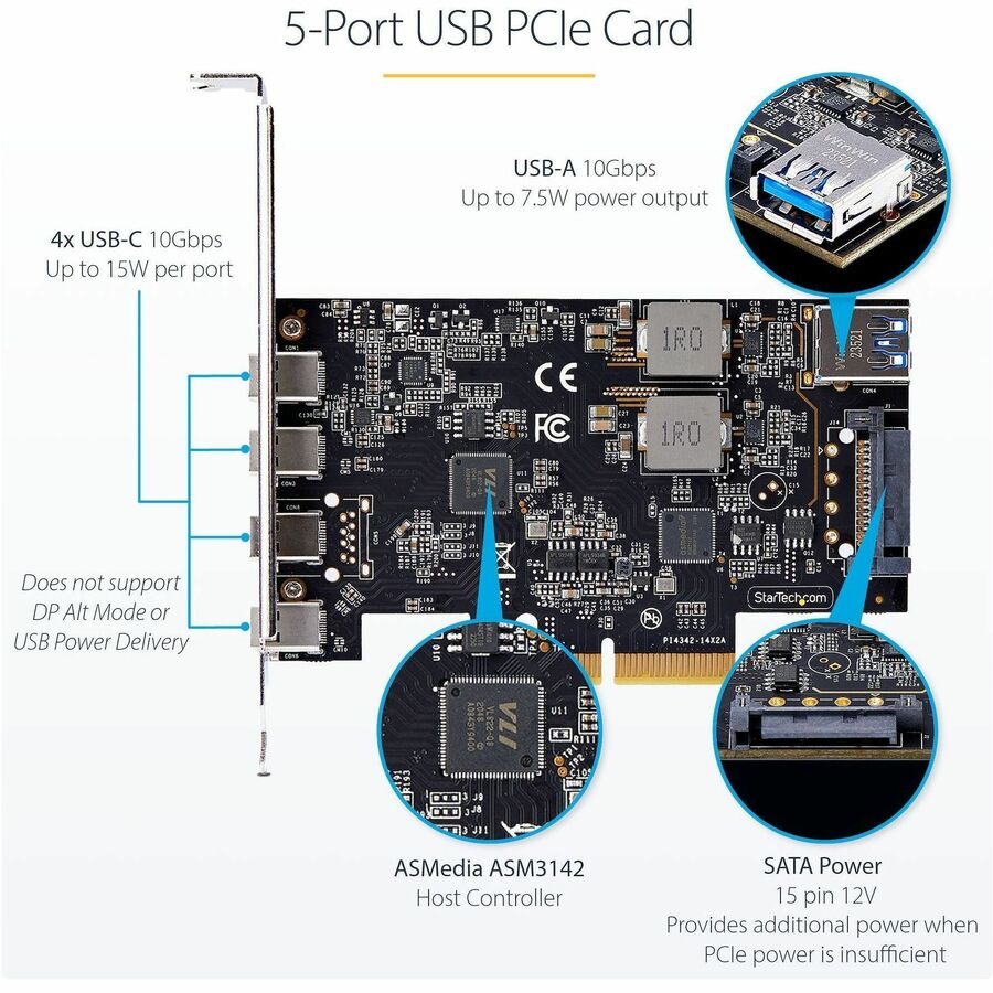 Alternate-Image2 Image for StarTech.com 5-Port USB PCIe Card, USB 3.2 10Gbps, PCI Express Card with 4x USB-C Ports, 1x USB-A Internal Port