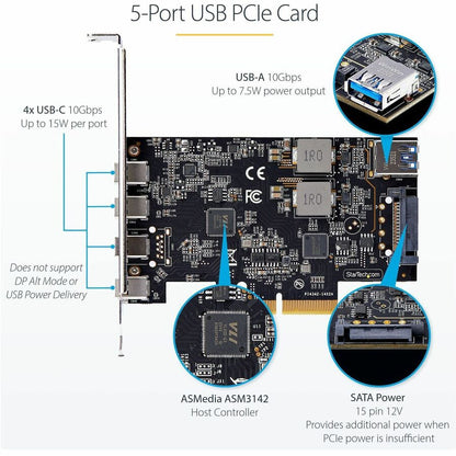 Alternate-Image2 Image for StarTech.com 5-Port USB PCIe Card, USB 3.2 10Gbps, PCI Express Card with 4x USB-C Ports, 1x USB-A Internal Port