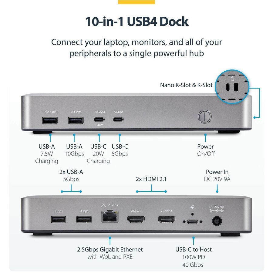 Alternate-Image1 Image for StarTech.com Dual-Monitor USB4 Docking Station, Dual 4K 120Hz or Single 8K 60Hz HDMI, 100W Laptop Charging, 2.5GbE, Driverless USB-C Dock