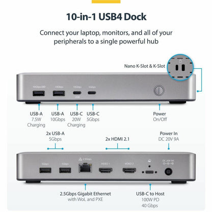 Alternate-Image1 Image for StarTech.com Dual-Monitor USB4 Docking Station, Dual 4K 120Hz or Single 8K 60Hz HDMI, 100W Laptop Charging, 2.5GbE, Driverless USB-C Dock