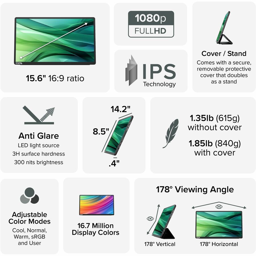 Alternate-Image3 Image for Plugable USB C Portable Monitor 15.6 Inch, 100W Pass-Through Charging for Your Laptop Smartphone Tablet