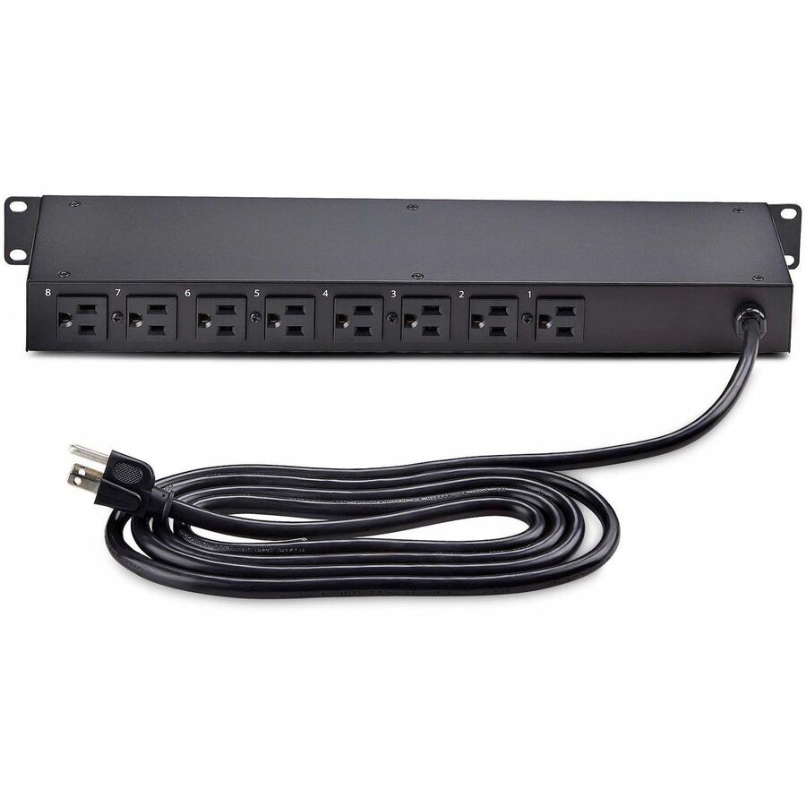 Rear Image for StarTech.com 8-Outlet Horizontal Rack Mount PDU, 1U Power Strip, Outlet On/Off Switches, 15A Circuit Breaker, 8ft/2.4m Cord, NEMA 5-15P/R