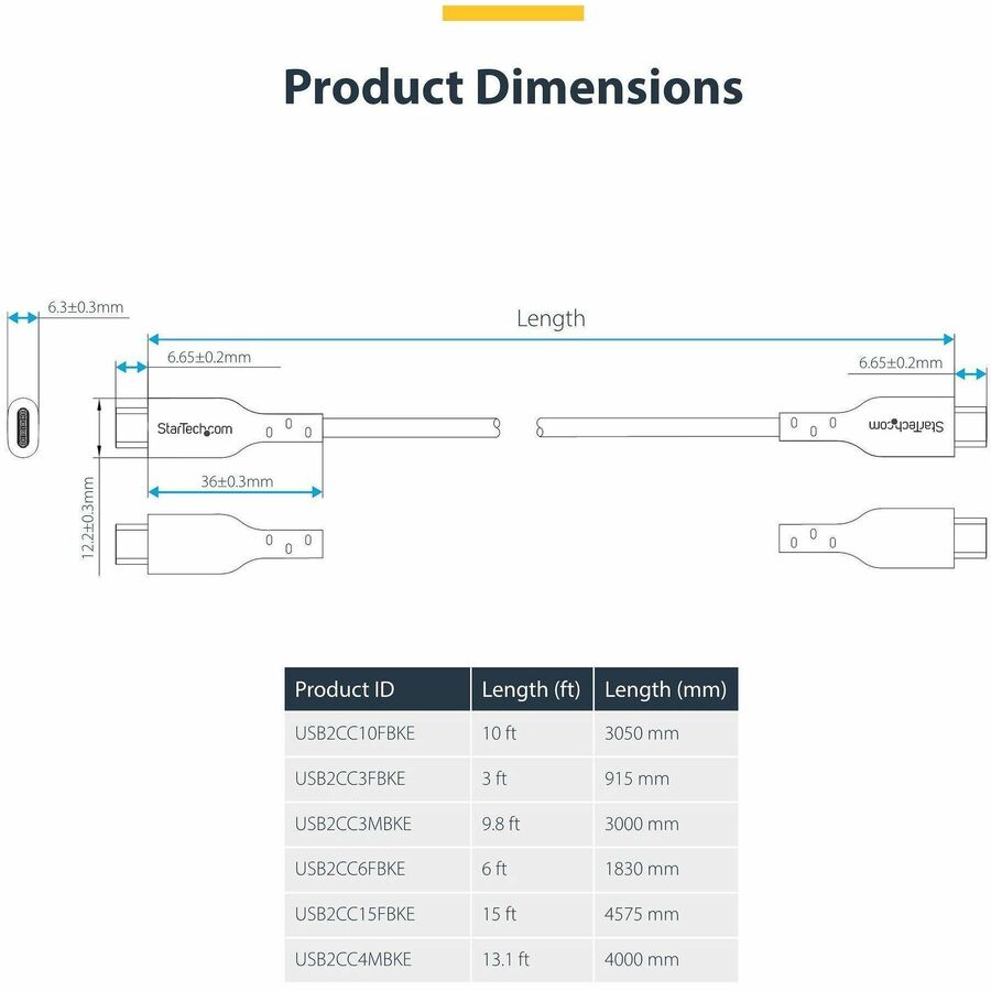 Alternate-Image4 Image for StarTech 10ft (3m) USB-C Charging Cable, Charge & Sync, 60W (3A) PD, USB 2.0 Laptop Charger Cable, TPE Jacket - USB C Charging Cord
