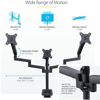 Alternate-Image4 Image for StarTech.com Triple Monitor Desk Mount For Up To Three 27in Screens, VESA 75x75/100x100, Tool-Less Arm Adjustments, C-Clamp/Grommet