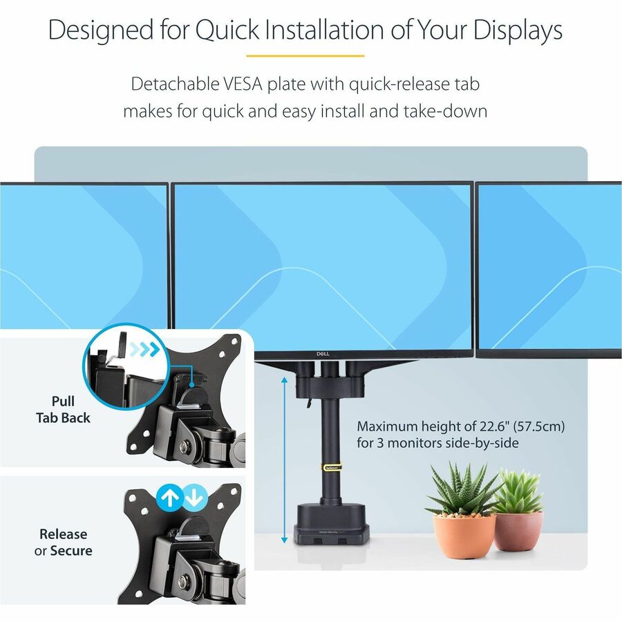 Alternate-Image5 Image for StarTech.com Triple Monitor Desk Mount For Up To Three 27in Screens, VESA 75x75/100x100, Tool-Less Arm Adjustments, C-Clamp/Grommet
