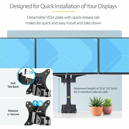 Alternate-Image5 Image for StarTech.com Triple Monitor Desk Mount For Up To Three 27in Screens, VESA 75x75/100x100, Tool-Less Arm Adjustments, C-Clamp/Grommet