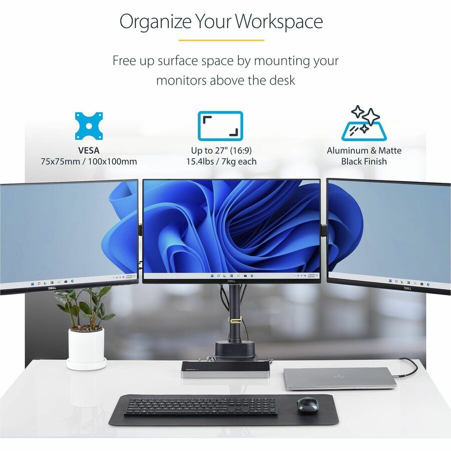 Alternate-Image1 Image for StarTech.com Triple Monitor Desk Mount For Up To Three 27in Screens, VESA 75x75/100x100, Tool-Less Arm Adjustments, C-Clamp/Grommet