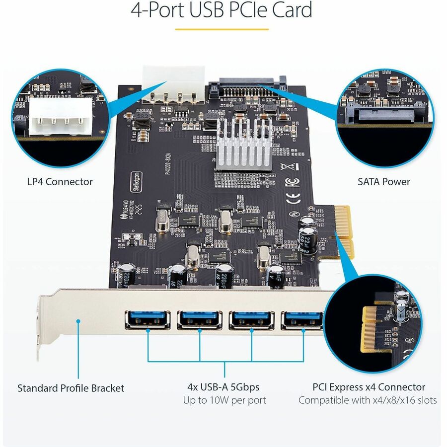 Alternate-Image3 Image for StarTech 4-Port USB PCIe Card, USB 3.2 5Gbps, PCI Express Expansion Card with 4x Independent USB Controllers, 4x USB-A Ports