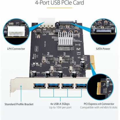 Alternate-Image3 Image for StarTech 4-Port USB PCIe Card, USB 3.2 5Gbps, PCI Express Expansion Card with 4x Independent USB Controllers, 4x USB-A Ports