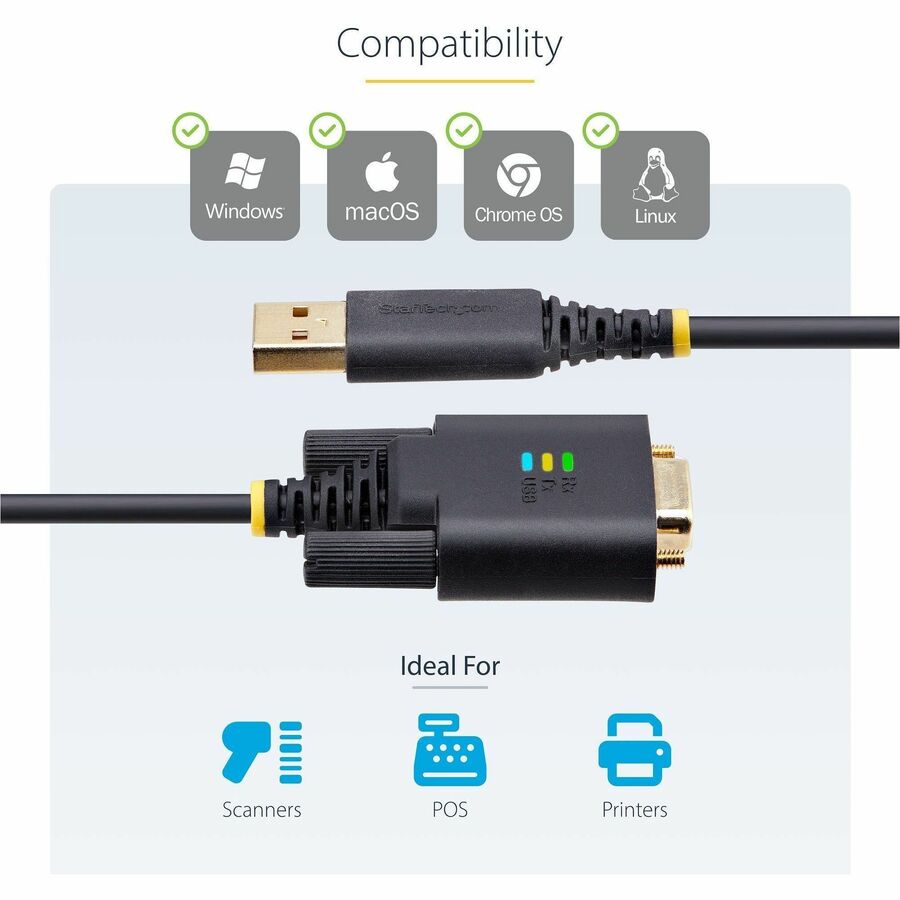 Alternate-Image4 Image for StarTech 6.6ft (2m) USB to Serial Adapter Cable, COM Retention, FTDI, DB9 RS232, Interchangeable DB9 Screws/Nuts, Windows/macOS/Linux