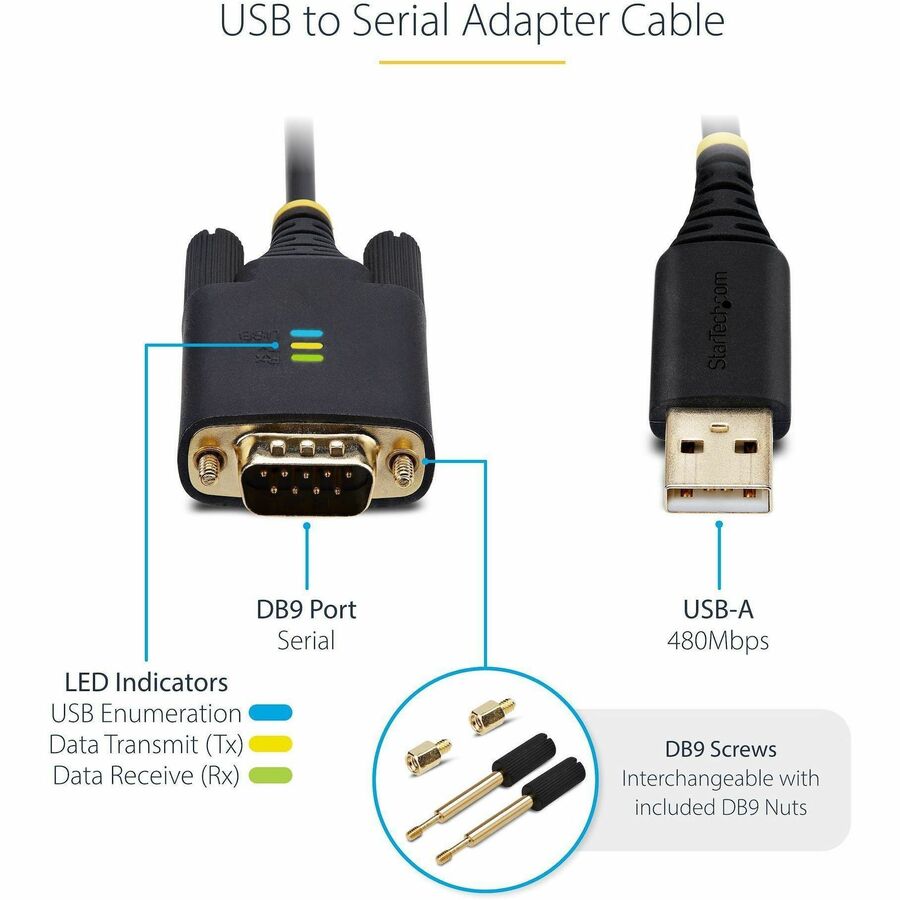Alternate-Image3 Image for StarTech 6.6ft (2m) USB to Serial Adapter Cable, COM Retention, FTDI, DB9 RS232, Interchangeable DB9 Screws/Nuts, Windows/macOS/Linux