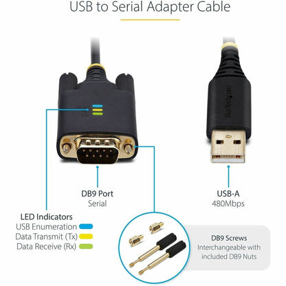 Alternate-Image3 Image for StarTech 6.6ft (2m) USB to Serial Adapter Cable, COM Retention, FTDI, DB9 RS232, Interchangeable DB9 Screws/Nuts, Windows/macOS/Linux