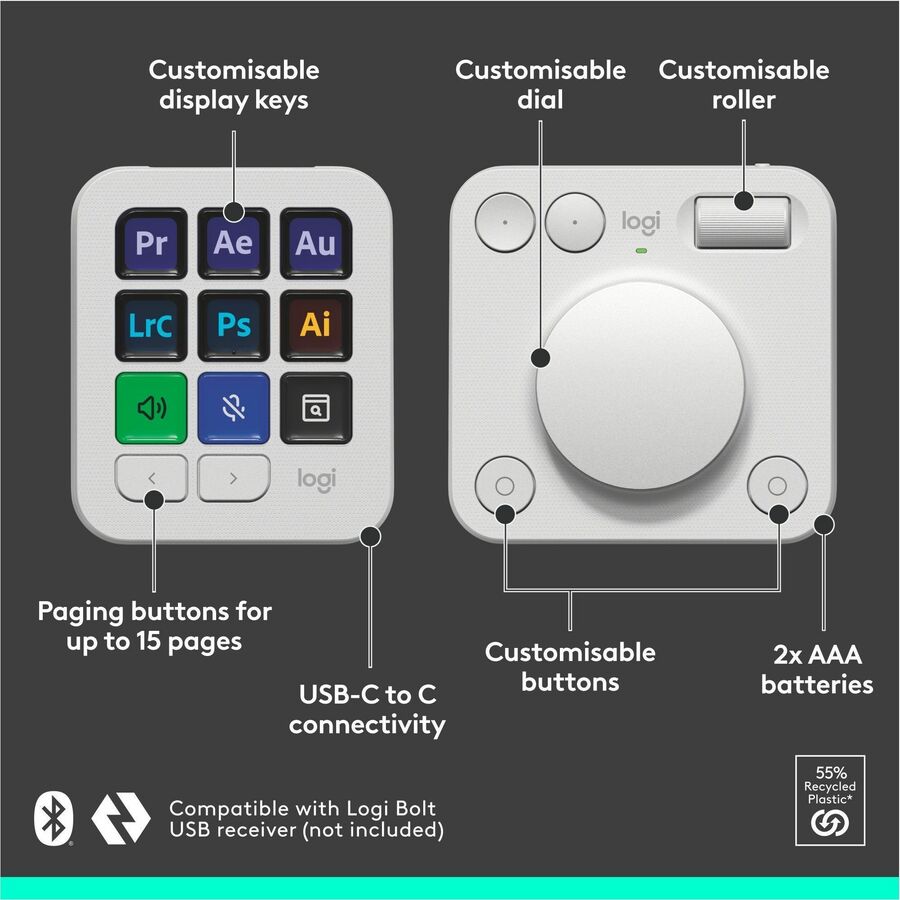 Alternate-Image6 Image for Logitech MX Creative Console, Programmable Keypad With 9 Customizable LCD Keys and Control Dial for Graphic Design, Video Editing, Photography, use with Adobe, Zoom, Spotify and more (Pale Grey)