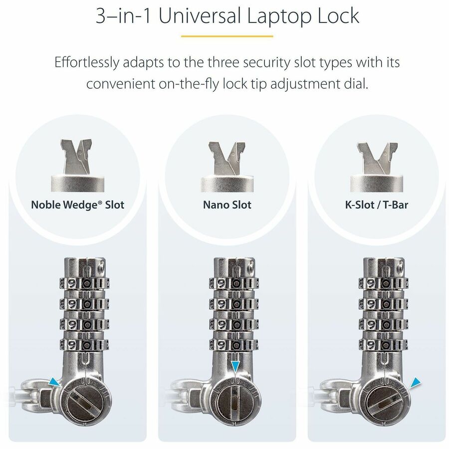 Alternate-Image8 Image for StarTech Universal Laptop Cable Lock 6.6ft, Serialized Combo Security Cable For Notebook, Compatible w/Noble Wedge&reg;/Nano/K-Slot, TAA