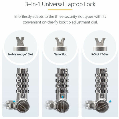 Alternate-Image8 Image for StarTech Universal Laptop Cable Lock 6.6ft, Serialized Combo Security Cable For Notebook, Compatible w/Noble Wedge&reg;/Nano/K-Slot, TAA