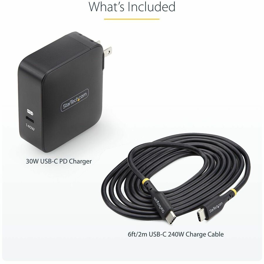 Alternate-Image8 Image for StarTech.com 140W USB-C Wall Charger, USB-IF Certified, PD 3.1 Portable GaN Charging Power Adapter, 6ft/1.8m USB-C to USB-C Cable