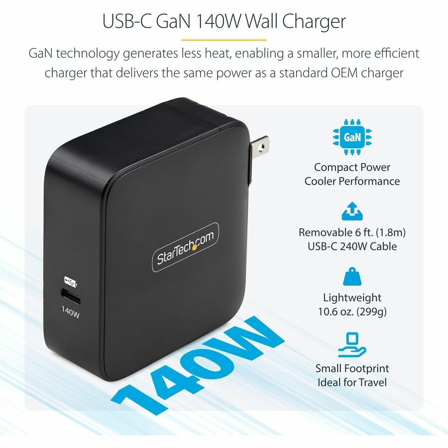 Alternate-Image1 Image for StarTech.com 140W USB-C Wall Charger, USB-IF Certified, PD 3.1 Portable GaN Charging Power Adapter, 6ft/1.8m USB-C to USB-C Cable