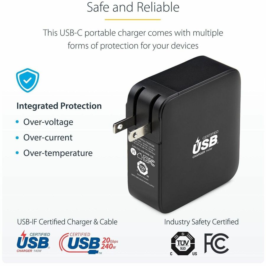 Alternate-Image6 Image for StarTech.com 140W USB-C Wall Charger, USB-IF Certified, PD 3.1 Portable GaN Charging Power Adapter, 6ft/1.8m USB-C to USB-C Cable