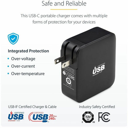 Alternate-Image6 Image for StarTech.com 140W USB-C Wall Charger, USB-IF Certified, PD 3.1 Portable GaN Charging Power Adapter, 6ft/1.8m USB-C to USB-C Cable