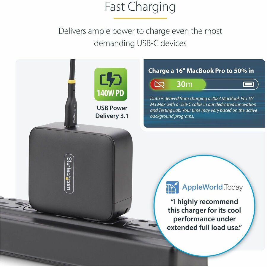 Alternate-Image4 Image for StarTech.com 140W USB-C Wall Charger, USB-IF Certified, PD 3.1 Portable GaN Charging Power Adapter, 6ft/1.8m USB-C to USB-C Cable