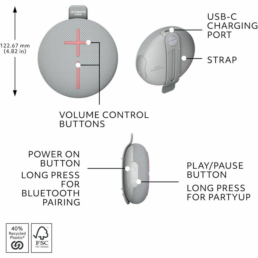 Alternate-Image6 Image for ULTIMATE EARS MINIROLL Ultra-Portable Waterproof Bluetooth Speaker, Big Bass, IP67 Dustproof, 131 ft (40 m) Range - Revive Grey