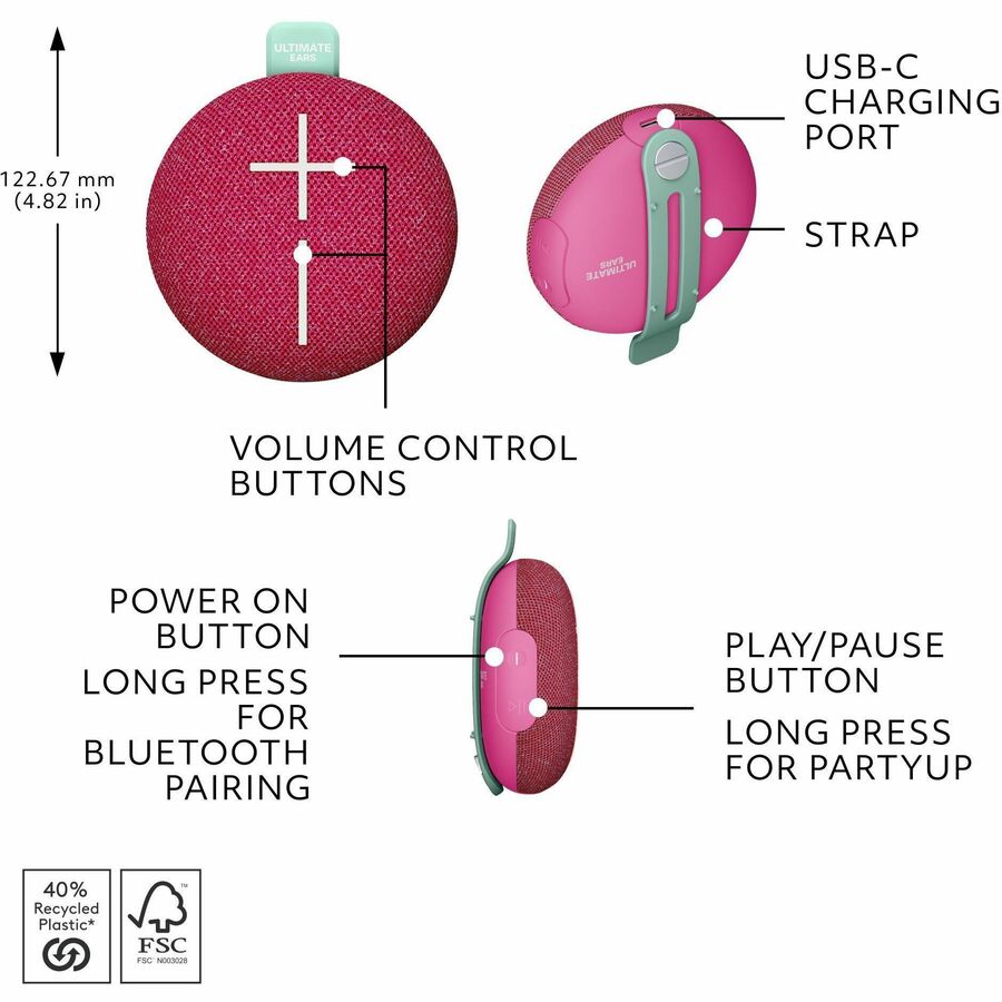 Alternate-Image6 Image for ULTIMATE EARS MINIROLL Ultra-Portable Waterproof Bluetooth Speaker, Big Bass, IP67 Dustproof, 131 ft (40 m) Range - Calming Pink