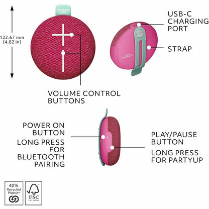Alternate-Image6 Image for ULTIMATE EARS MINIROLL Ultra-Portable Waterproof Bluetooth Speaker, Big Bass, IP67 Dustproof, 131 ft (40 m) Range - Calming Pink