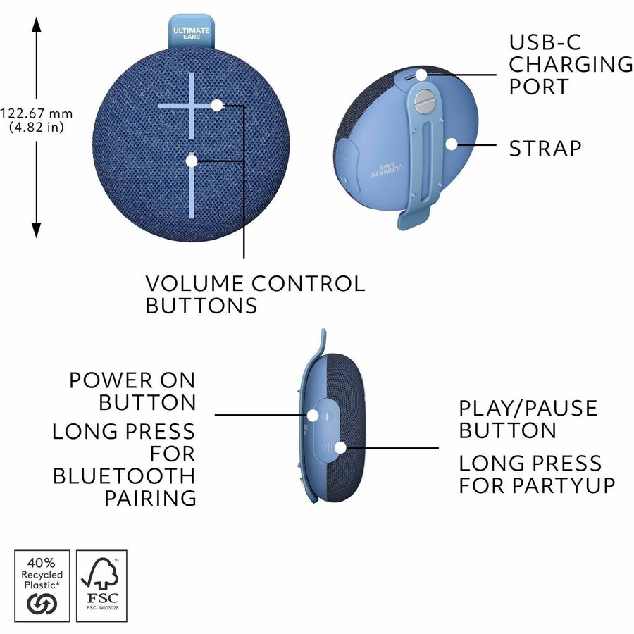 Alternate-Image7 Image for ULTIMATE EARS MINIROLL Ultra-Portable Waterproof Bluetooth Speaker, Big Bass, IP67 Dustproof, 131 ft (40 m) Range - Majestic Blue