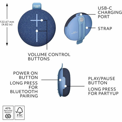 Alternate-Image7 Image for ULTIMATE EARS MINIROLL Ultra-Portable Waterproof Bluetooth Speaker, Big Bass, IP67 Dustproof, 131 ft (40 m) Range - Majestic Blue