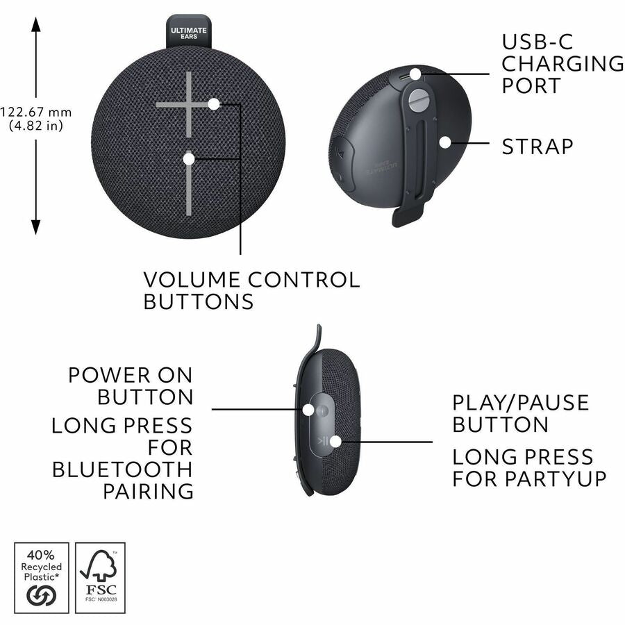 Alternate-Image6 Image for ULTIMATE EARS MINIROLL Ultra-Portable Waterproof Bluetooth Speaker, Big Bass, IP67 Dustproof, 131 ft (40 m) Range - Gentle Black